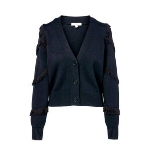 Joie Yves Cotton Black Cropped Spring Cardigan With Fringe Size XXS